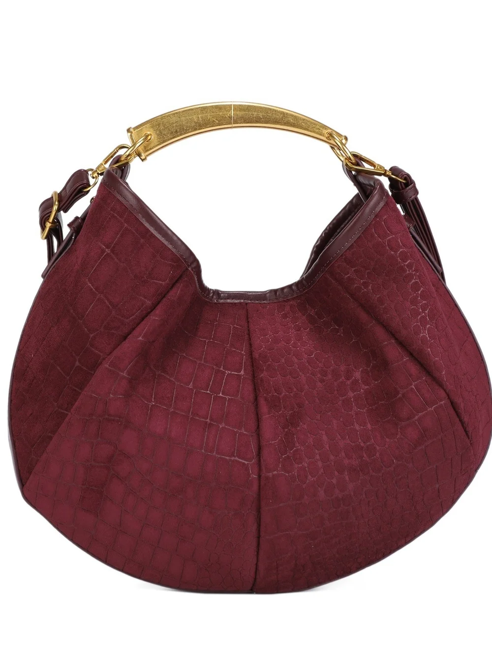 Black Croc-Embossed Suede Hobo Bag with Gold Handle